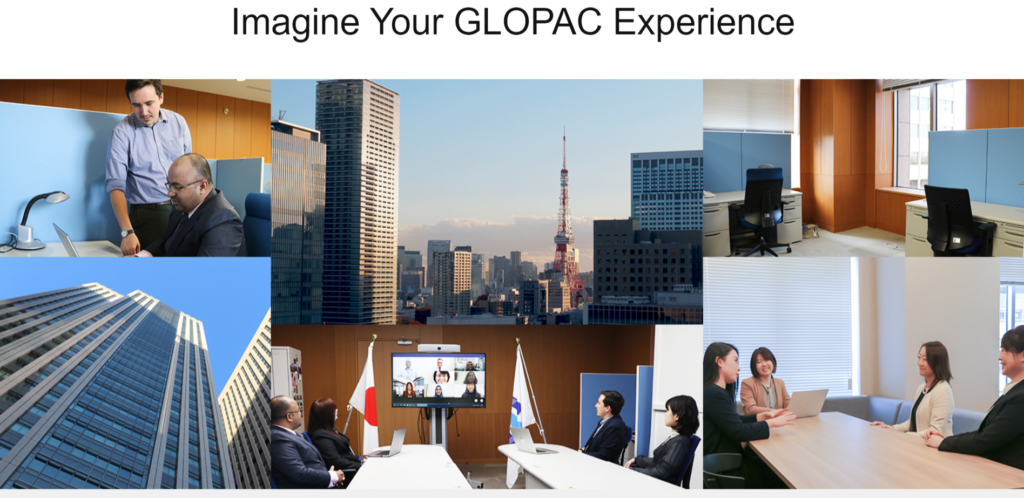 About GLOPACのコラージュ画像。研修機関の様子、指導の様子やオンライン・オフラインでの会議の様子を表示しています。