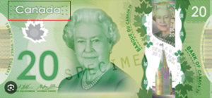 カナダ20ドル紙幣の画像。紙幣の左上に点字が付いている