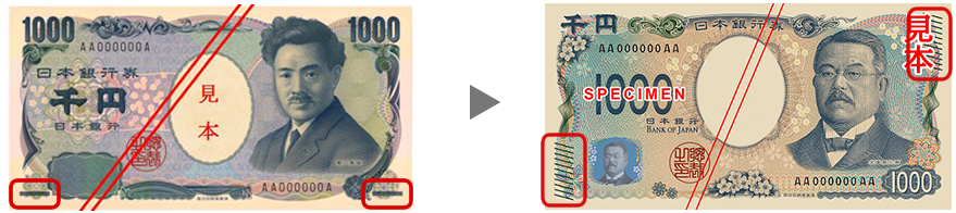 新旧の千円札で、識別マークの位置の違いを示した画像。