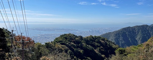 六甲山上駅からの眺望。青い空の向こうに神戸市街、大阪湾、淡路島まで見ることができる。